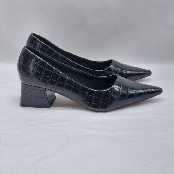 ASOS Design Croc Embossed Block Heel Pumps Women's 10 Black Pointed Toe Chic - Picture 1 of 11
